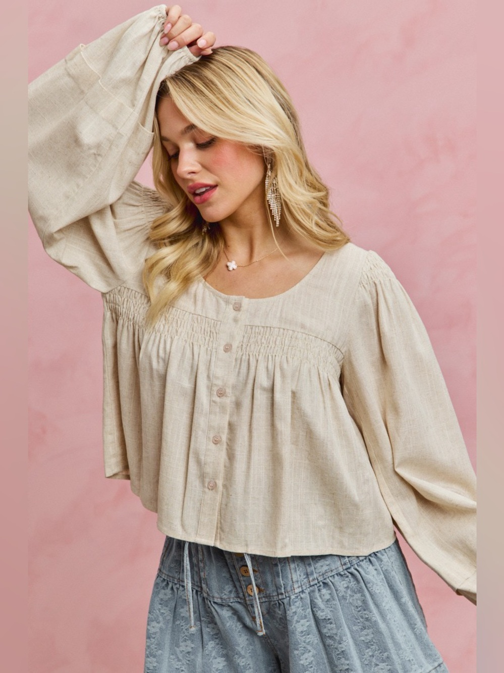 SO ME Linen Blend Woven Long Sleeve With Smocking Top - Picture 7 of 16